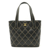 Chanel Wild Stitch Handbag Tote Bag Cocomark Leather Black Gold Hardware