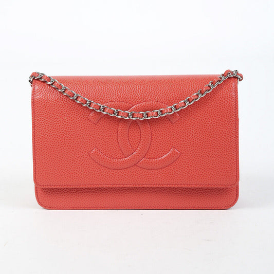 Chanel Timeless Wallet on Chain Red Orange Caviar Leather CC Crossbody Bag