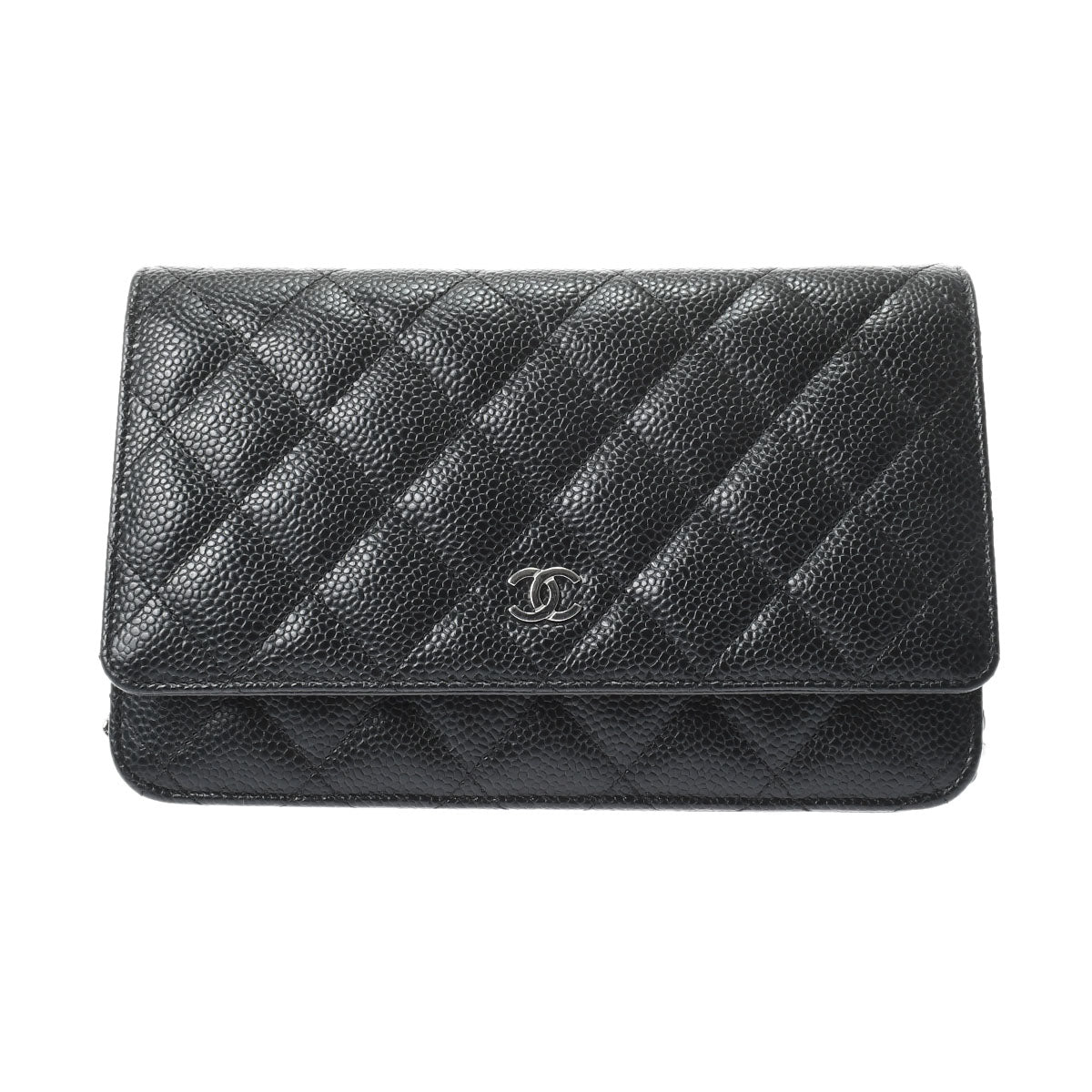 Chanel Matelasse Chain Wallet Black Silver Hardware Grained Calfskin Shoulder Bag