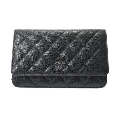 Chanel Matelasse Chain Wallet Black Silver Hardware Grained Calfskin Shoulder Bag