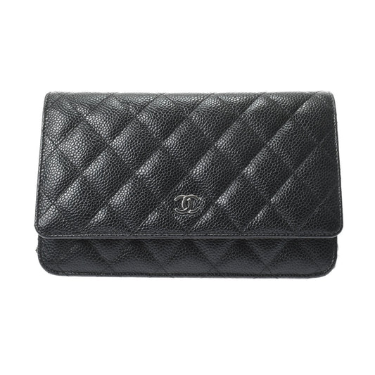 Chanel Matelasse Chain Wallet Black Silver Hardware Grained Calfskin Shoulder Bag