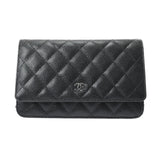 Chanel Matelasse Chain Wallet Black Silver Hardware Grained Calfskin Shoulder Bag