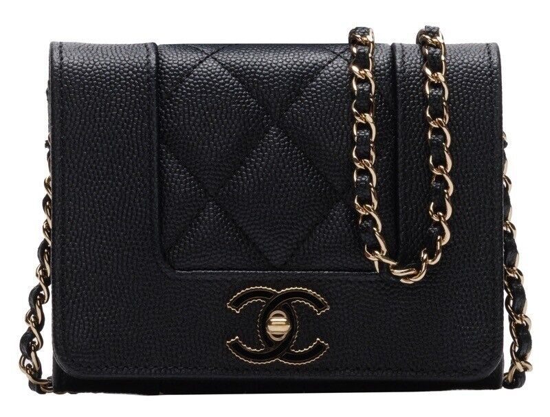 Chanel Mini Matelasse Push Lock Chain Shoulder Caviar Skin Gold Hardware