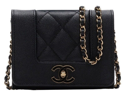 Chanel Mini Matelasse Push Lock Chain Shoulder Caviar Skin Gold Hardware