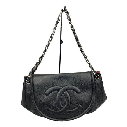 Chanel Half Moon Chain Shoulder Bag Black Silver Hardware Caviar Skin
