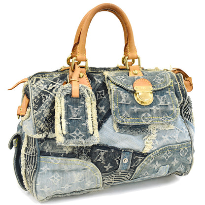 Louis Vuitton Speedy 30 Handbag Monogram Denim Patchwork Blue