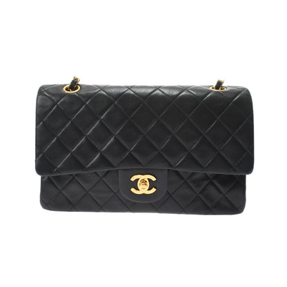 Chanel Matelasse W Flap W Chain Shoulder 25 Black Gold Hardware Lambskin Shoulder Bag