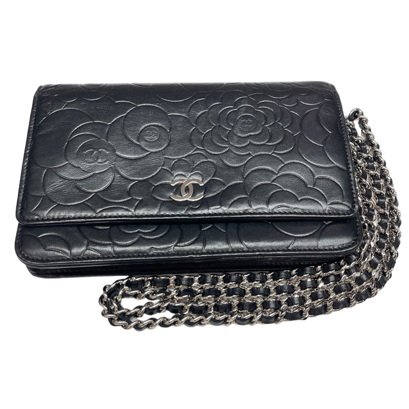 Chanel Camellia Chain Wallet Shoulder Bag Black