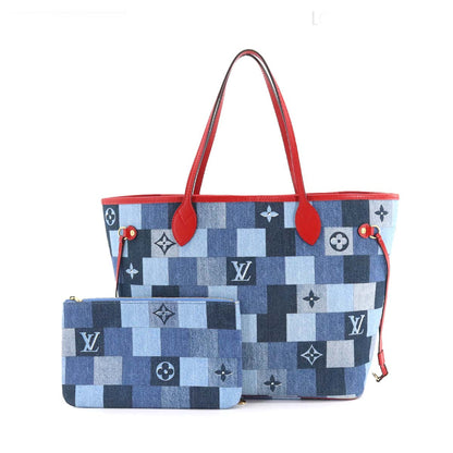 Louis Vuitton Denim Monogram Neverfull MM Tote Bag Blue Red