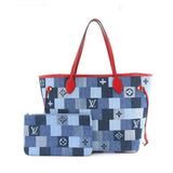 Louis Vuitton Denim Monogram Neverfull MM Tote Bag Blue Red