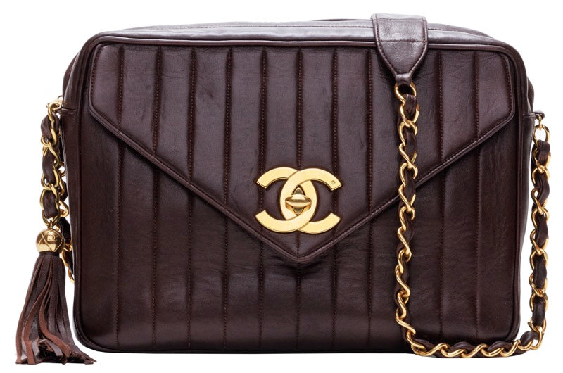 Chanel Mademoiselle Chain Shoulder Bag Lambskin Brown Gold Hardware