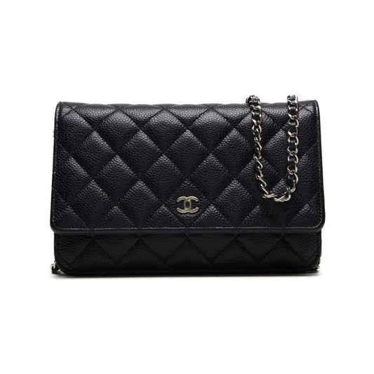 Chanel Matelasse Chain Wallet Silver Hardware Black