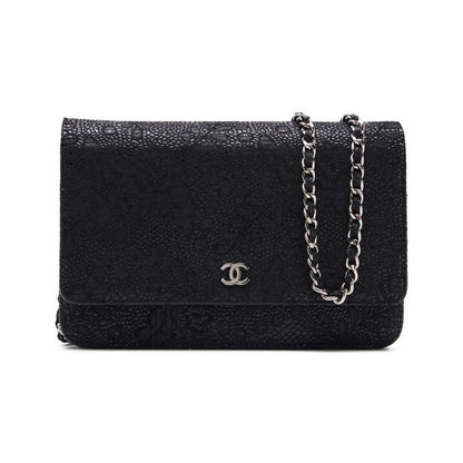 Chanel Floral Pattern Chain Wallet Leather Black