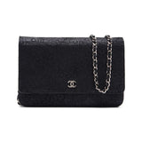 Chanel Floral Pattern Chain Wallet Leather Black