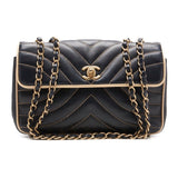 Chanel V Stitch Turn Single Flap Chain Lambskin Navy Ivory