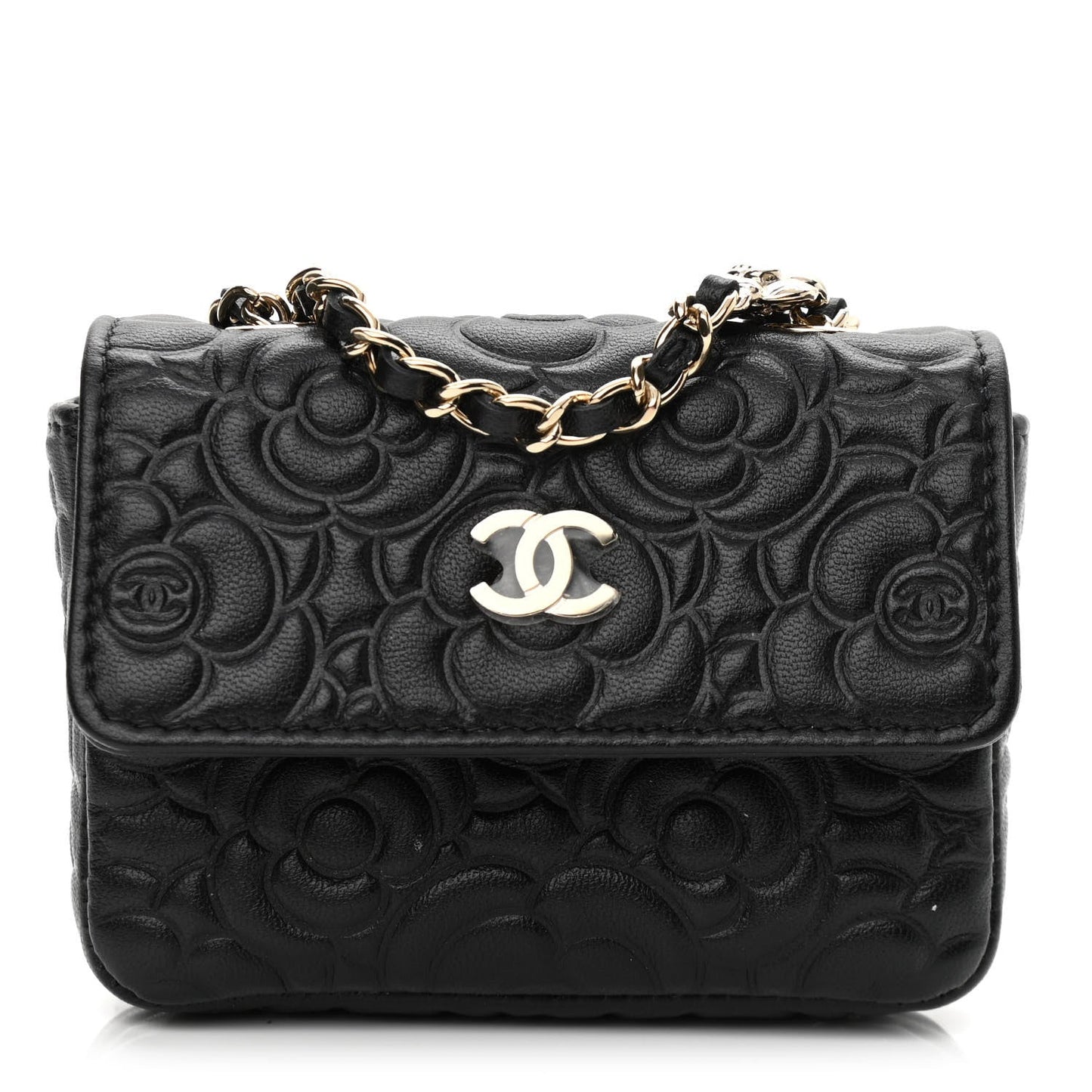 Chanel Lambskin Camellia Embossed Chain Belt Bag Black