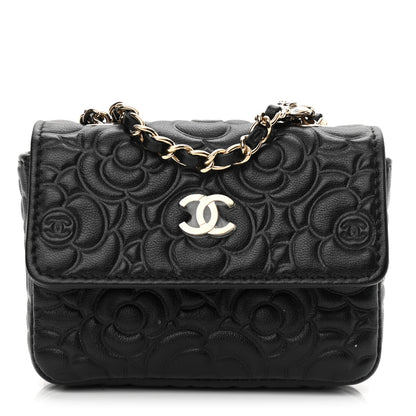 Chanel Lambskin Camellia Embossed Chain Belt Bag Black