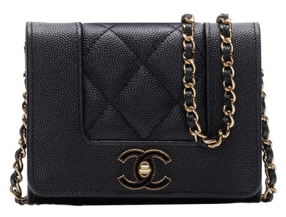 Chanel Mini Matelasse Push Lock Chain Caviar Skin Black