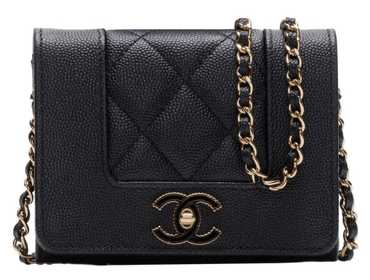 Chanel Mini Matelasse Push Lock Chain Caviar Skin Black