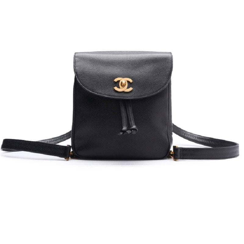 Chanel Round Flap Chain Backpack Caviar Skin Black