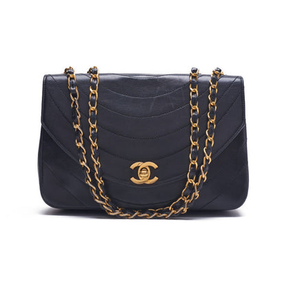 Chanel Border Stitch Round Flap Turn Lock Chain Lambskin Black