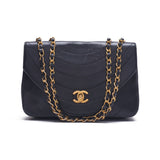 Chanel Border Stitch Round Flap Turn Lock Chain Lambskin Black