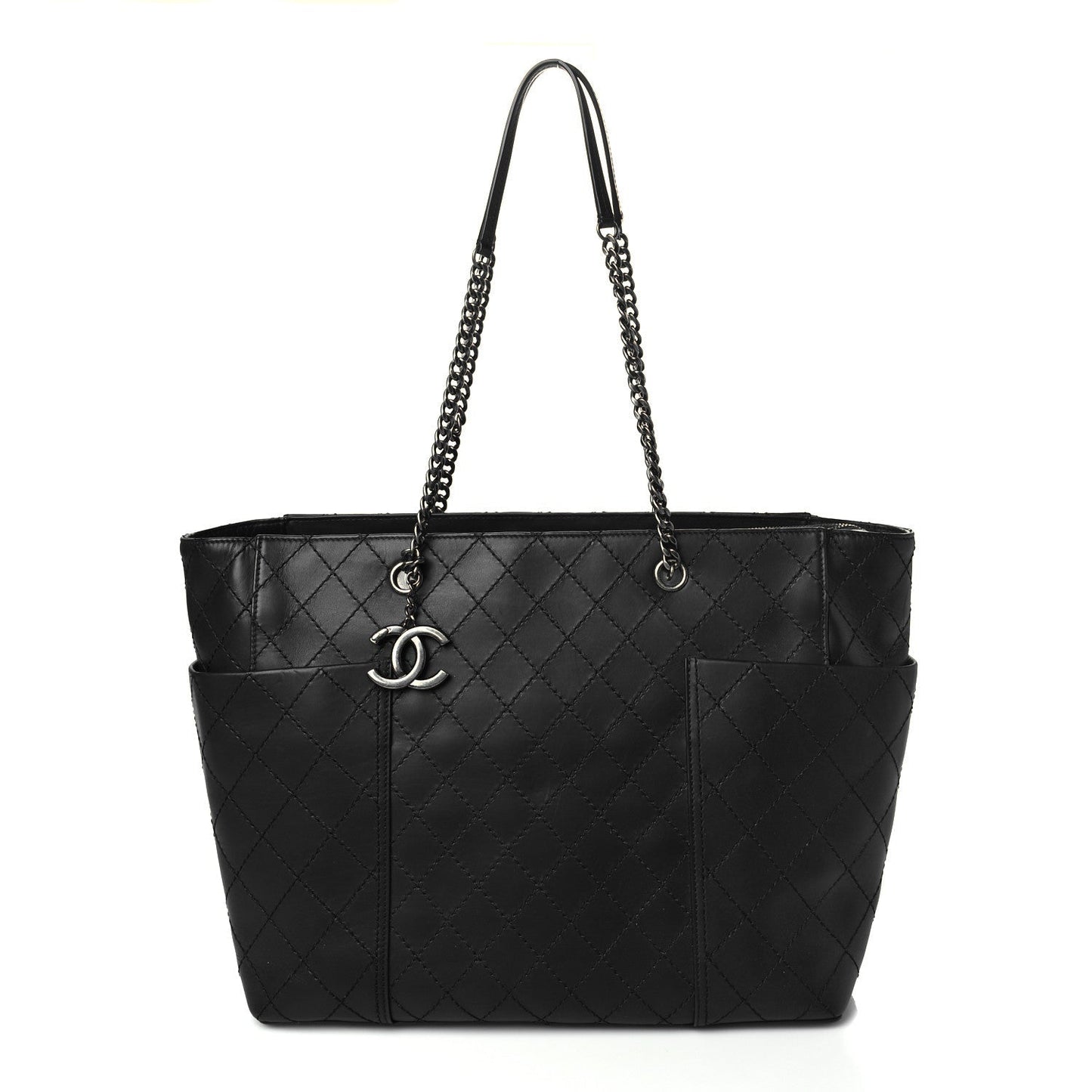 Lambskin Stitched Shopping Tote Black