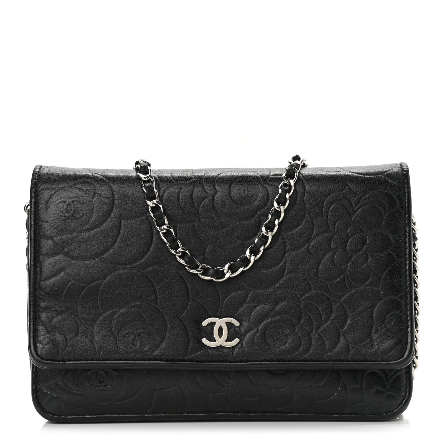 Lambskin Camellia Embossed Wallet on Chain WOC Black