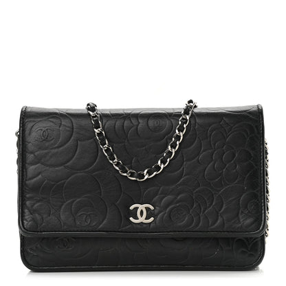 Lambskin Camellia Embossed Wallet on Chain WOC Black