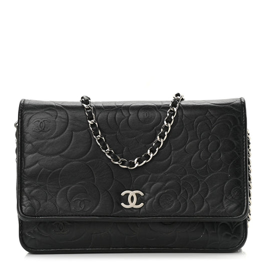 Lambskin Camellia Embossed Wallet on Chain WOC Black