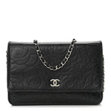 Lambskin Camellia Embossed Wallet on Chain WOC Black