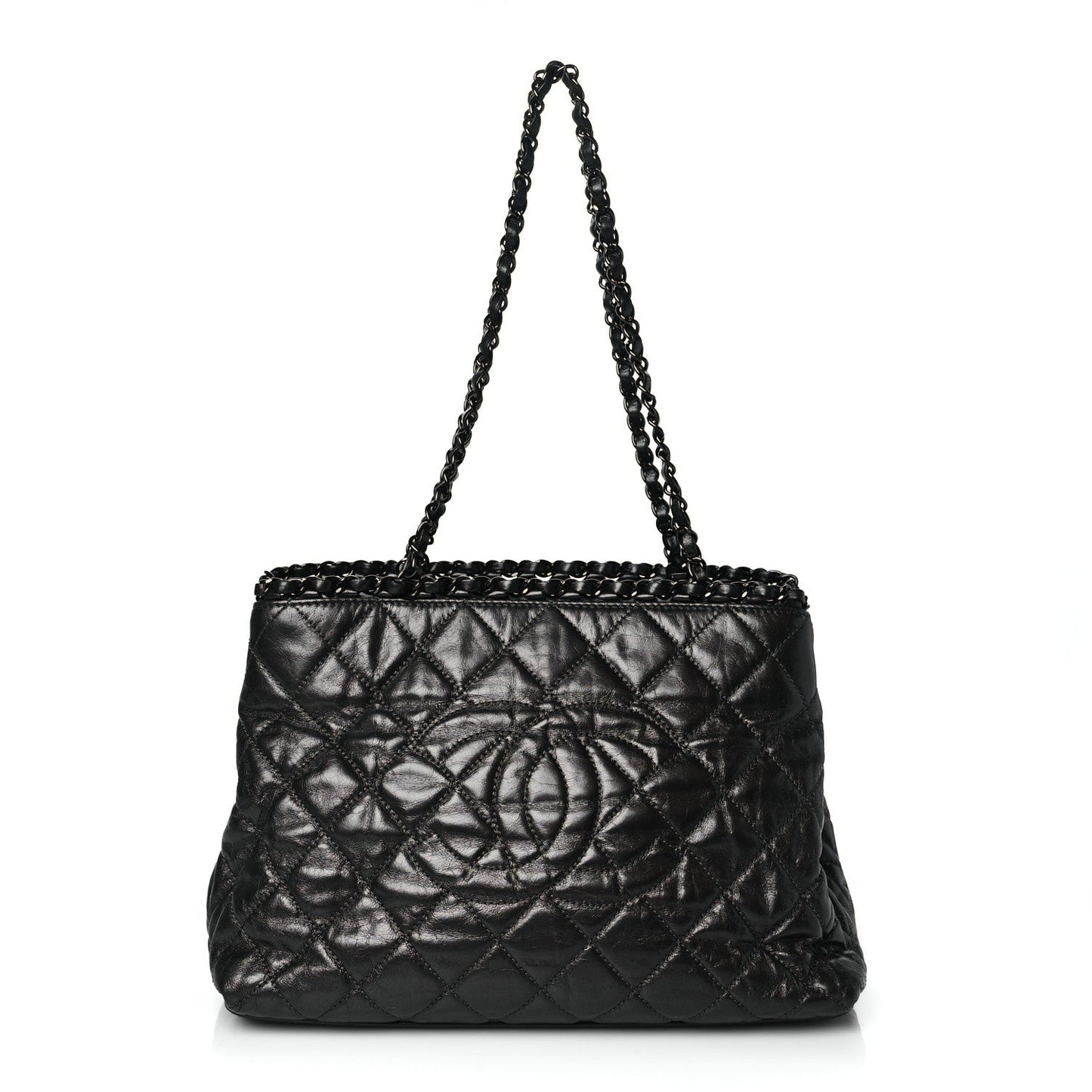 Metallic Aged Calfskin Quilted Small Chain Me Tote Black