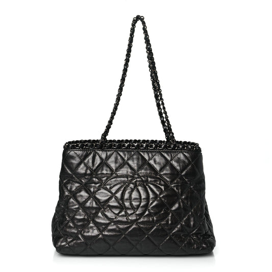 Metallic Aged Calfskin Quilted Small Chain Me Tote Black
