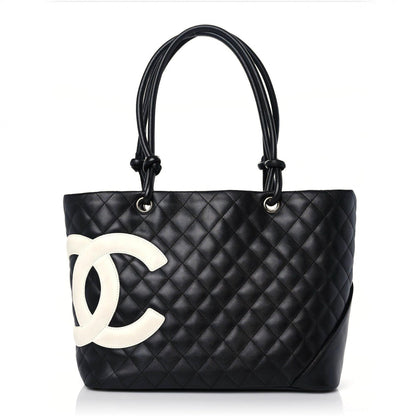 Calfskin Quilted Large Cambon Tote Black White