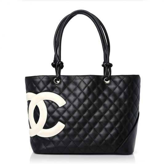 Calfskin Quilted Large Cambon Tote Black White