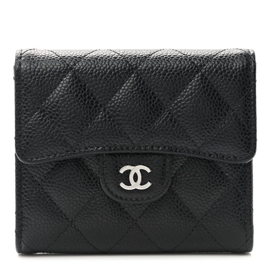Caviar Quilted Compact Flap Wallet Black