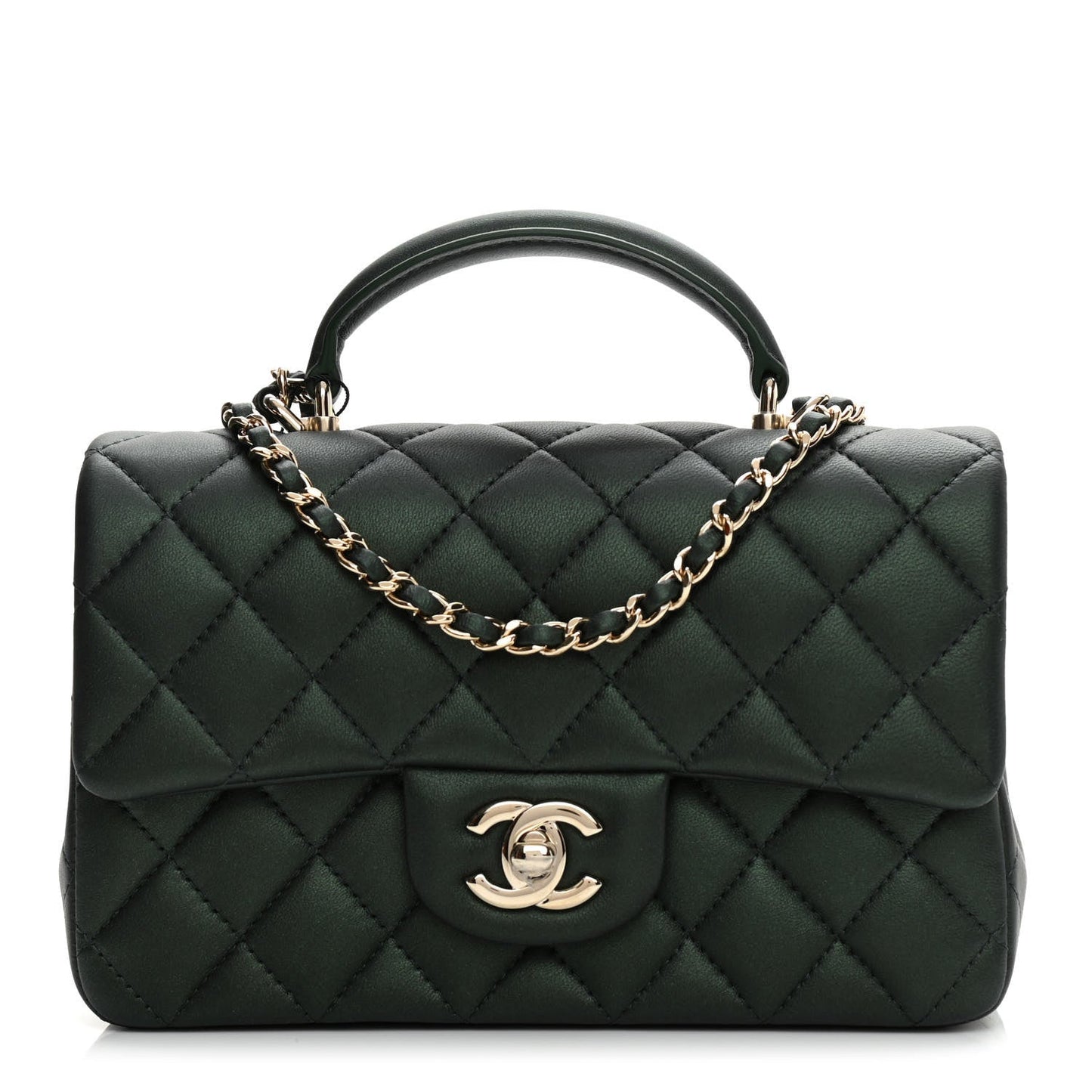Chanel Iridescent Lambskin Quilted Mini Top Handle Rectangular Flap Dark Green