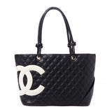 Calfskin Quilted Large Cambon Tote Black White