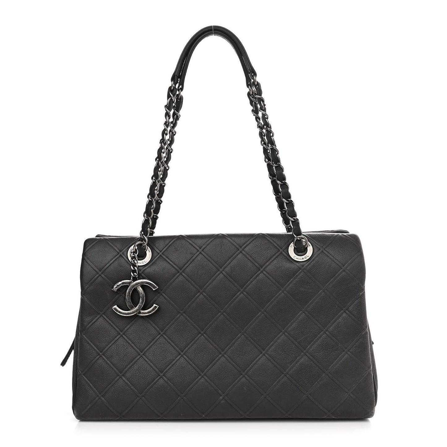 Calfskin Diamond Embossed Large CC Zip Shopping Tote Grey