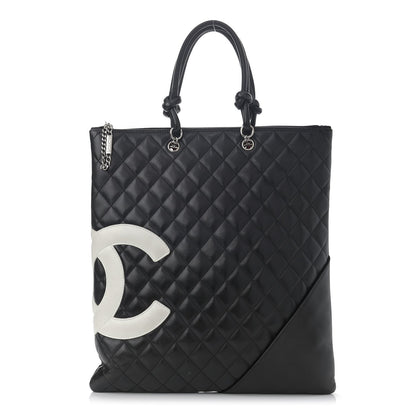 Calfskin Cambon Flat Tote Black White