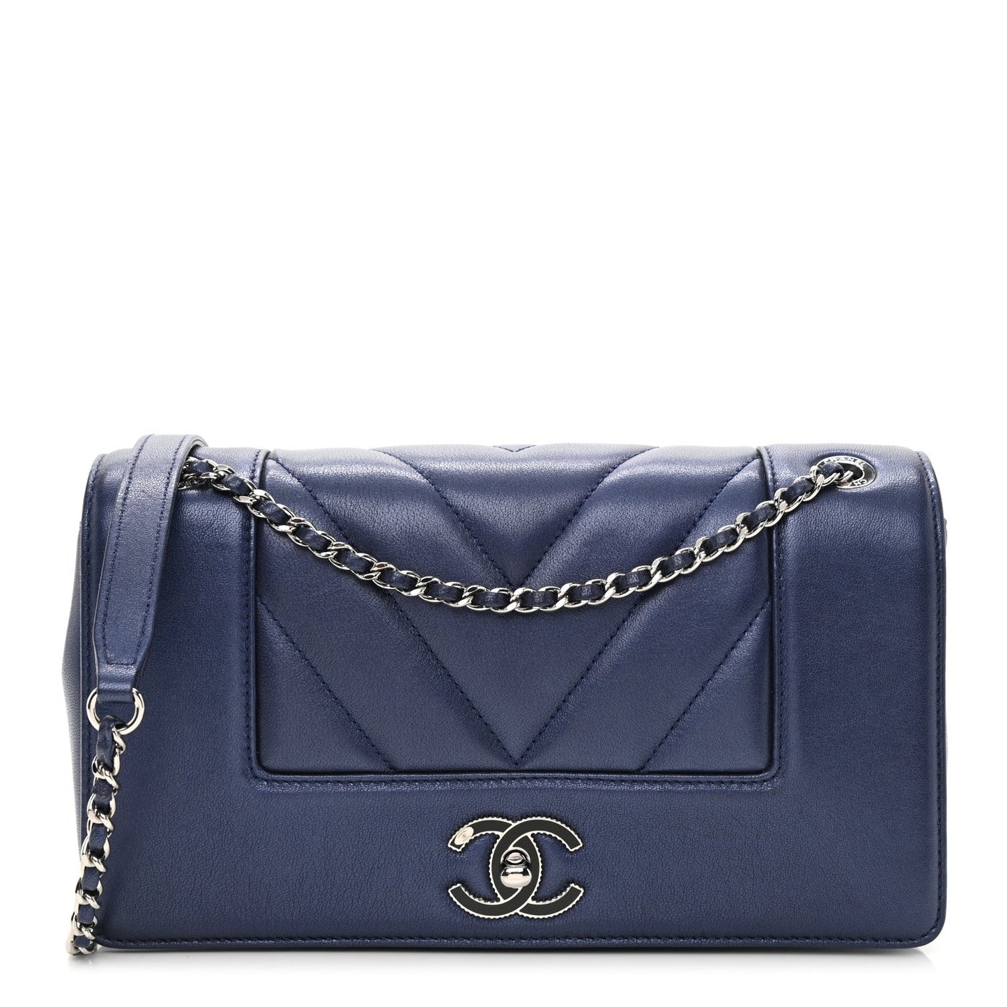 Chanel Metallic Sheepskin Chevron Quilted Medium   Mademoiselle Flap Navy