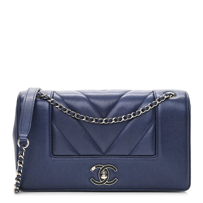 Chanel Metallic Sheepskin Chevron Quilted Medium   Mademoiselle Flap Navy