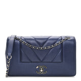 Chanel Metallic Sheepskin Chevron Quilted Medium   Mademoiselle Flap Navy