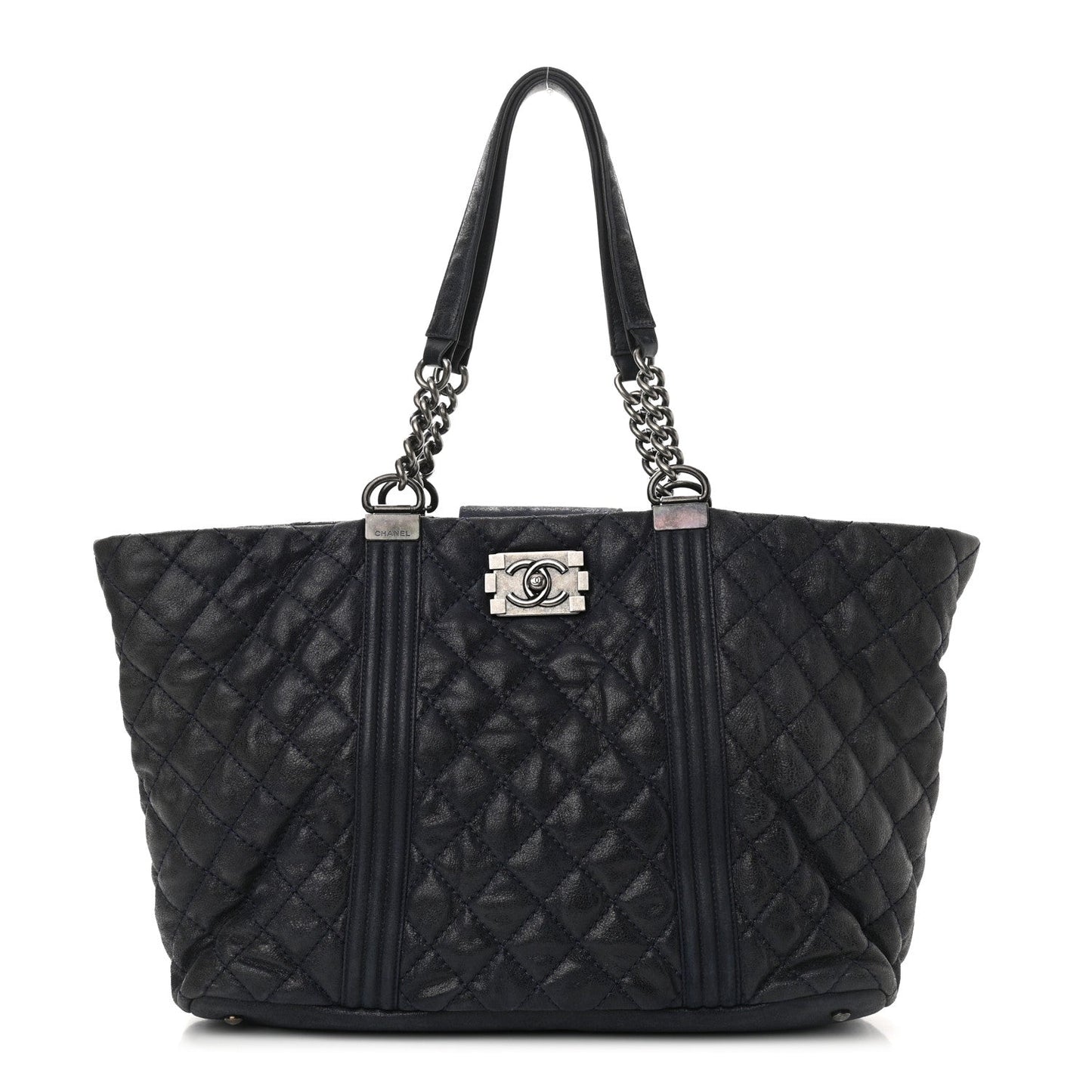 Iridescent Calfskin Quilted Large Gentle Boy Shopping Tote Navy