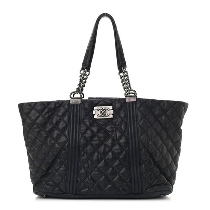 Iridescent Calfskin Quilted Large Gentle Boy Shopping Tote Navy