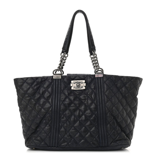 Iridescent Calfskin Quilted Large Gentle Boy Shopping Tote Navy