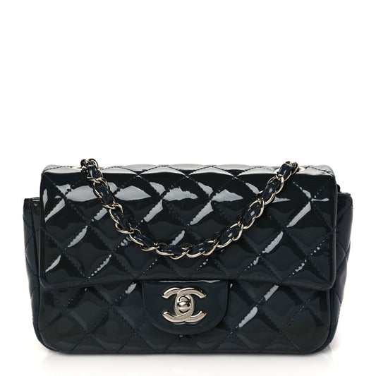 Chanel Patent Calfskin Quilted Mini Rectangular Flap Navy Blue