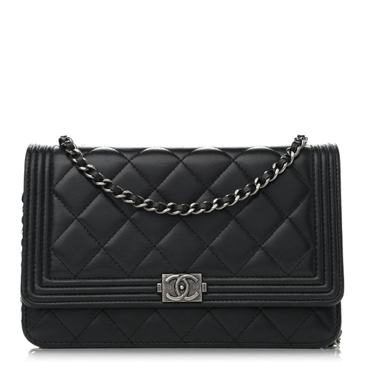 Chanel Lambskin Quilted Boy Wallet On Chain WOC Black