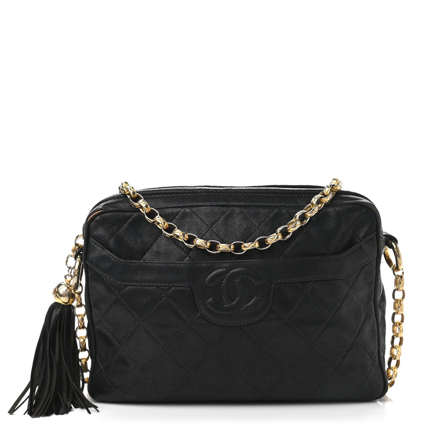 Lambskin Quilted CC Tassel Camera Case Black