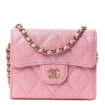Iridescent Caviar Quilted Flap Card Holder On Chain Pink